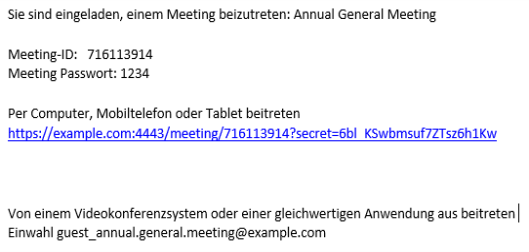 Beispiel für eine E-Mail-Einladung zeigt Meeting-ID, Passcode und Meeting-Link